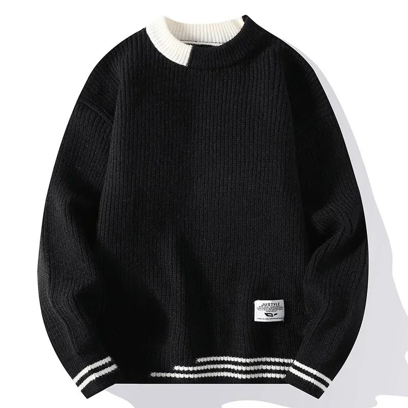 Men's Autumn/Winter Round Neck Sweater Trendy Brand Soft Supple Two-Piece Illusion Base Layer Top Fleece-Lined And Thickened War