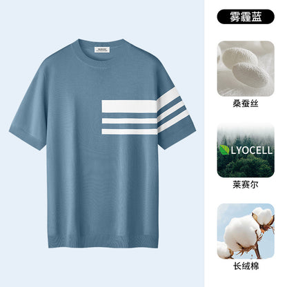 桑蚕丝天丝莱赛尔t恤男夏季新款短袖针织衫男条纹简约商务冰丝T恤