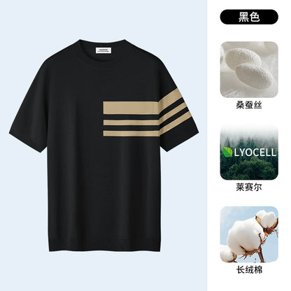 桑蚕丝天丝莱赛尔t恤男夏季新款短袖针织衫男条纹简约商务冰丝T恤