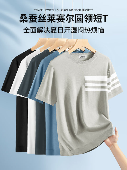 桑蚕丝天丝莱赛尔t恤男夏季新款短袖针织衫男条纹简约商务冰丝T恤