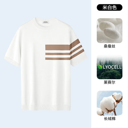 桑蚕丝天丝莱赛尔t恤男夏季新款短袖针织衫男条纹简约商务冰丝T恤