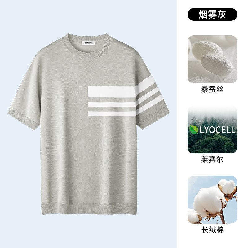 桑蚕丝天丝莱赛尔t恤男夏季新款短袖针织衫男条纹简约商务冰丝T恤