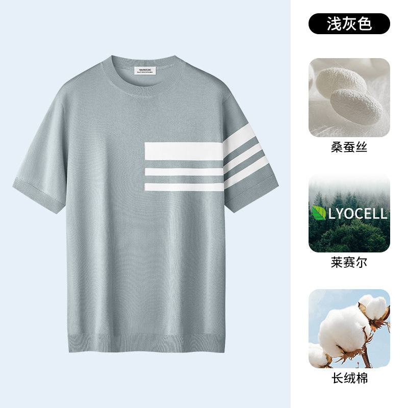 桑蚕丝天丝莱赛尔t恤男夏季新款短袖针织衫男条纹简约商务冰丝T恤