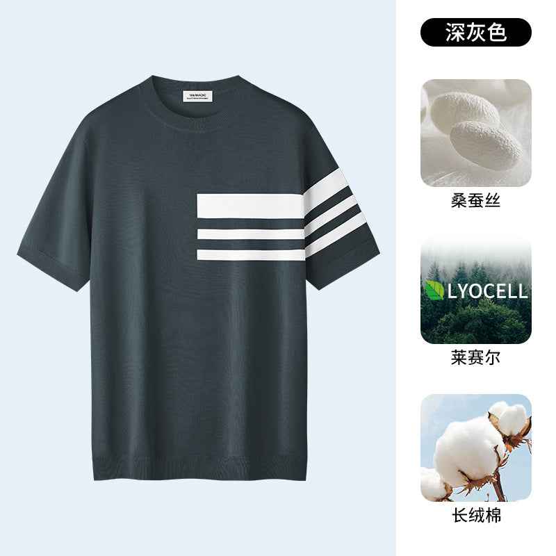 桑蚕丝天丝莱赛尔t恤男夏季新款短袖针织衫男条纹简约商务冰丝T恤