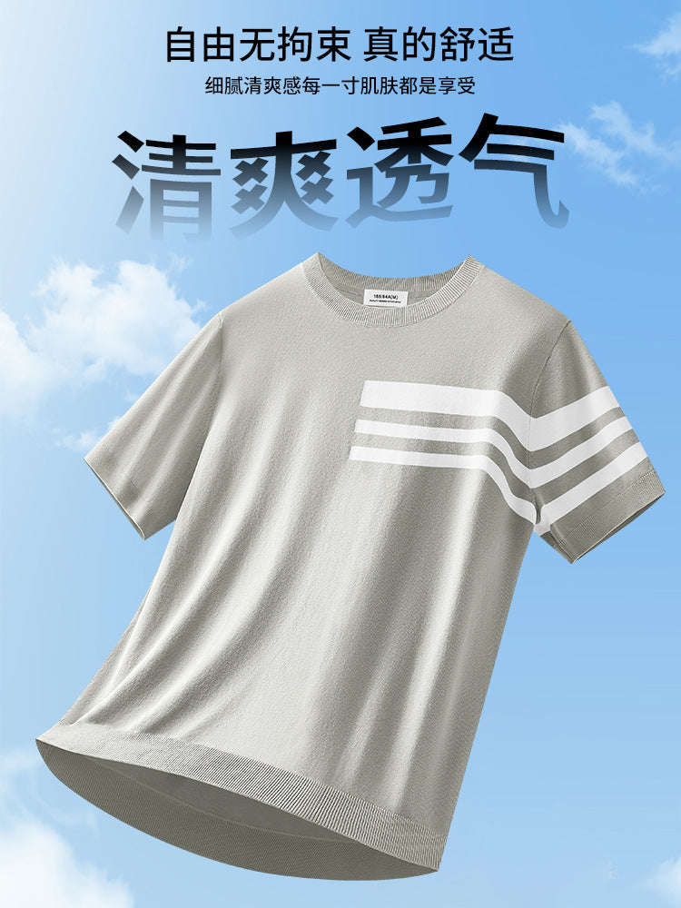 桑蚕丝天丝莱赛尔t恤男夏季新款短袖针织衫男条纹简约商务冰丝T恤