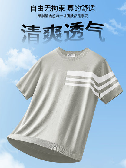 桑蚕丝天丝莱赛尔t恤男夏季新款短袖针织衫男条纹简约商务冰丝T恤