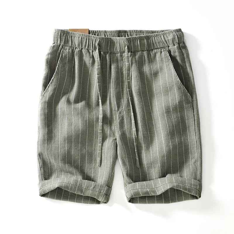 Summer Cotton Linen Shorts Pants Men Casual Sold Color Breathable Comfortable Striped Drawstring Man Holiday Beach Thin Shorts