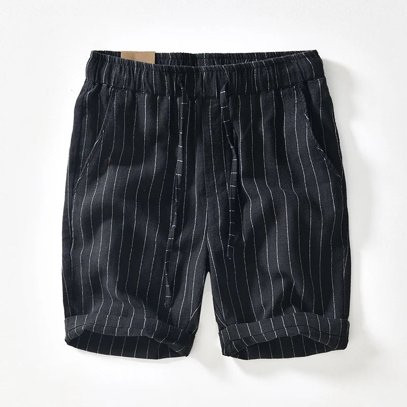 Summer Cotton Linen Shorts Pants Men Casual Sold Color Breathable Comfortable Striped Drawstring Man Holiday Beach Thin Shorts