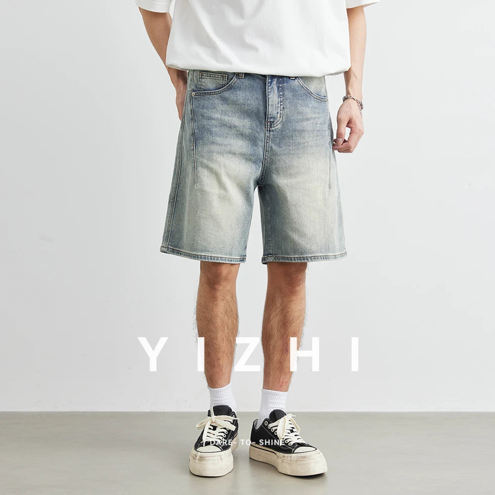 Men's Fashion Retro Distressed Jeans 2025 Summer New Loose Straight Casual Denim Shorts Trendy Men's Mid-Length Pants