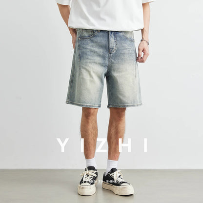 Men's Fashion Retro Distressed Jeans 2025 Summer New Loose Straight Casual Denim Shorts Trendy Men's Mid-Length Pants