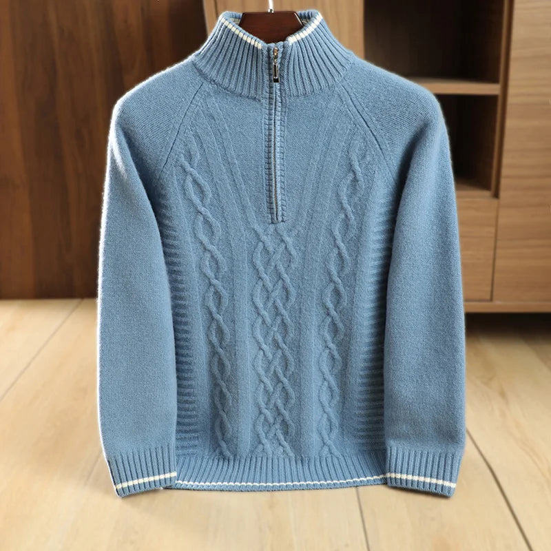 Men's 100% Merino Wool Thickening Sweater Mock Collar Half Zip Pullover Autumn Winter Cashmere Twisted Knitwear Long Sleeved Top