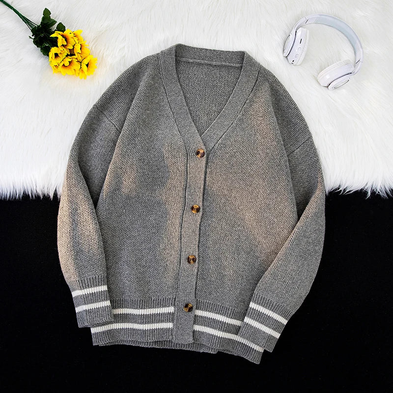 Autumn Winter Hong Kong Style Fashion High Cardigan Temperament V-Neck Trend Casual Versatile Loose Men's Long Sleeve Sweater