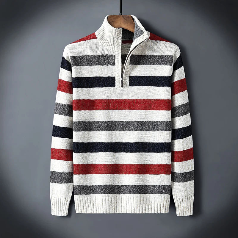 Striped Zipper Turtle Neck Mens Sweaters Knitted Male Sweatercoats Jumper White Winter Turtleneck Pullovers Men Knitwear Casual