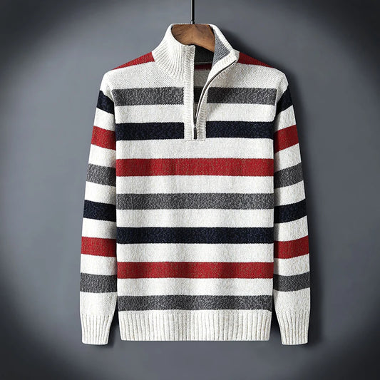 Striped Zipper Turtle Neck Mens Sweaters Knitted Male Sweatercoats Jumper White Winter Turtleneck Pullovers Men Knitwear Casual