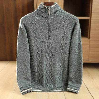 Men's 100% Merino Wool Thickening Sweater Mock Collar Half Zip Pullover Autumn Winter Cashmere Twisted Knitwear Long Sleeved Top