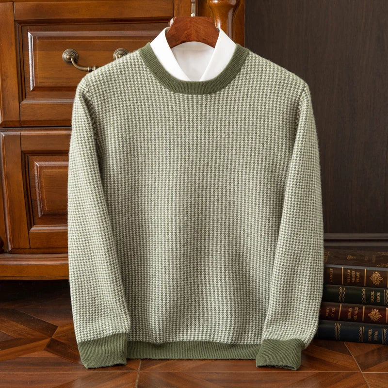 Men's Winter Preparation 100% Australian Wool Round Neck Color blocked Thousand Bird Grid Thick Cashmere Sweater Warm Sweater