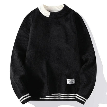 Men's Autumn/Winter Round Neck Sweater Trendy Brand Soft Supple Two-Piece Illusion Base Layer Top Fleece-Lined And Thickened War
