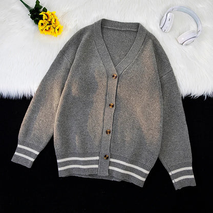 Autumn Winter Hong Kong Style Fashion High Cardigan Temperament V-Neck Trend Casual Versatile Loose Men's Long Sleeve Sweater