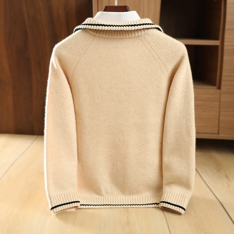 Men's 100% Merino Wool Thickening Sweater Mock Collar Half Zip Pullover Autumn Winter Cashmere Twisted Knitwear Long Sleeved Top