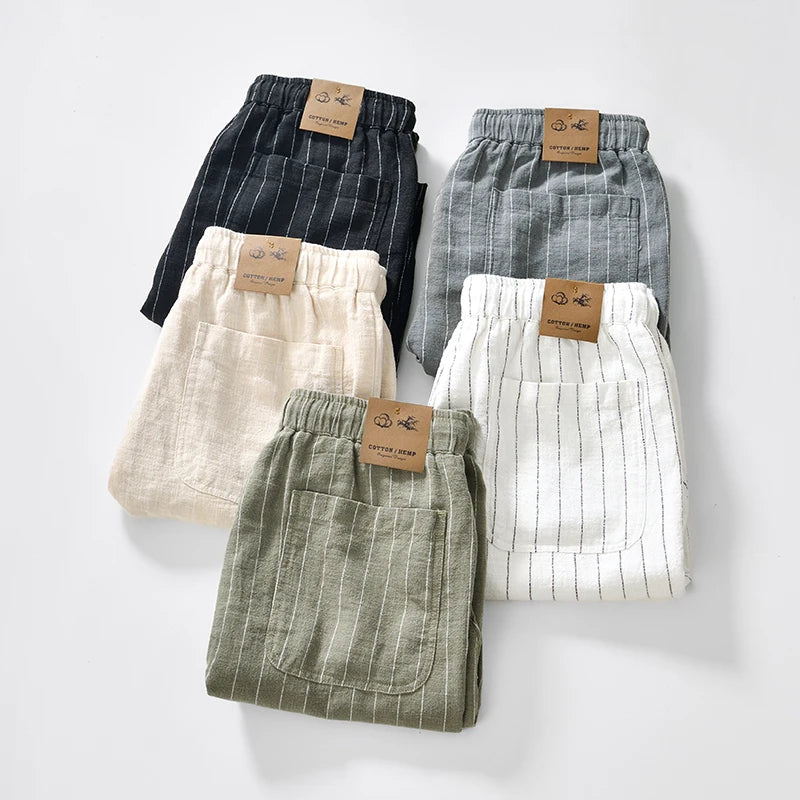 Summer Cotton Linen Shorts Pants Men Casual Sold Color Breathable Comfortable Striped Drawstring Man Holiday Beach Thin Shorts