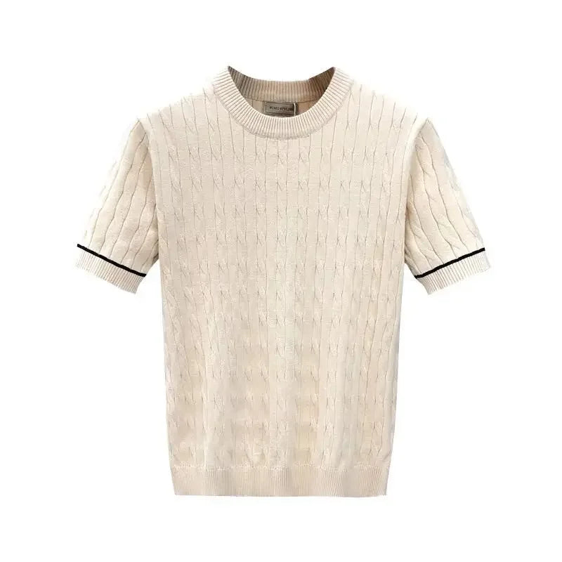 Suéter masculino de manga curta, gola redonda, respirável, verão, camisa de malha fina, casual, camiseta interna para homens