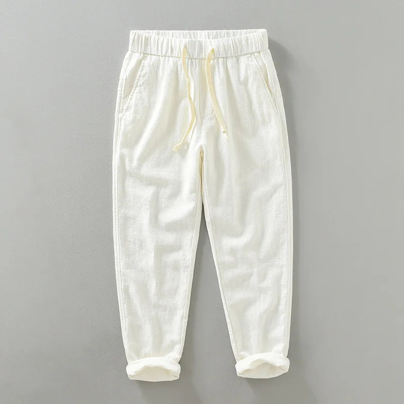 Ankle Length Linen Pants Casual Harem Pants Men Clothing Pleated Vintage Breathable White Brown Khaki Trousers For Man Summer
