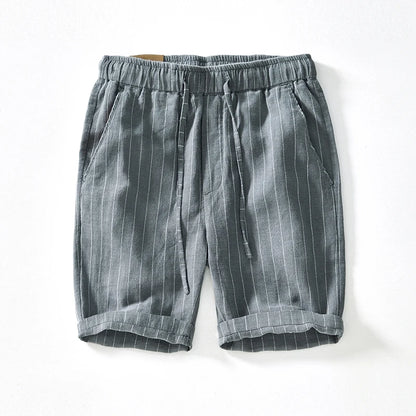 Summer Cotton Linen Shorts Pants Men Casual Sold Color Breathable Comfortable Striped Drawstring Man Holiday Beach Thin Shorts