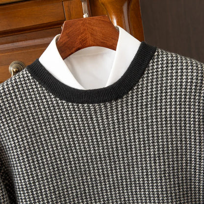 Men's Winter Preparation 100% Australian Wool Round Neck Color blocked Thousand Bird Grid Thick Cashmere Sweater Warm Sweater