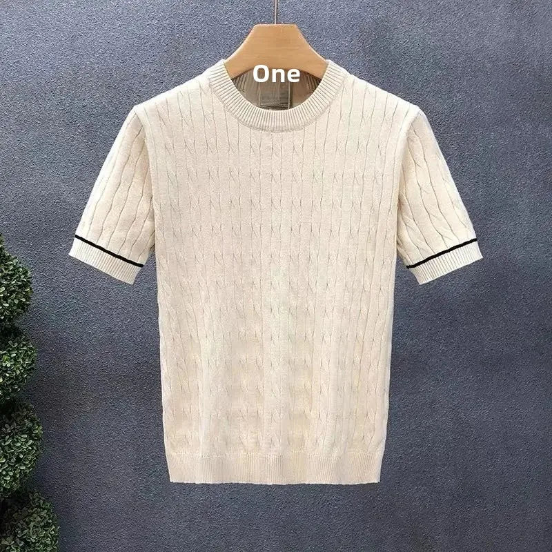 Suéter masculino de manga curta, gola redonda, respirável, verão, camisa de malha fina, casual, camiseta interna para homens