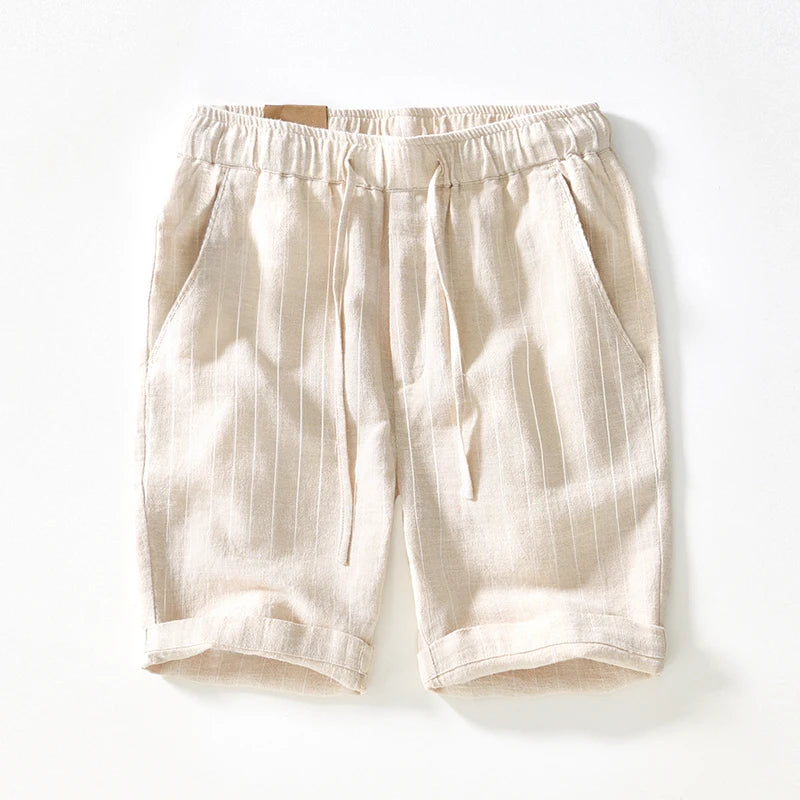 Summer Cotton Linen Shorts Pants Men Casual Sold Color Breathable Comfortable Striped Drawstring Man Holiday Beach Thin Shorts