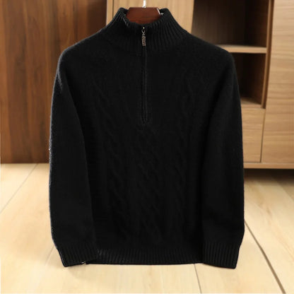 Men's 100% Merino Wool Thickening Sweater Mock Collar Half Zip Pullover Autumn Winter Cashmere Twisted Knitwear Long Sleeved Top