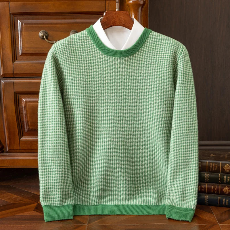 Men's Winter Preparation 100% Australian Wool Round Neck Color blocked Thousand Bird Grid Thick Cashmere Sweater Warm Sweater