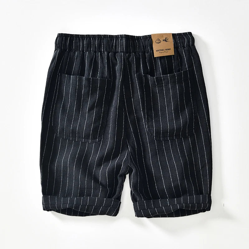 Summer Cotton Linen Shorts Pants Men Casual Sold Color Breathable Comfortable Striped Drawstring Man Holiday Beach Thin Shorts
