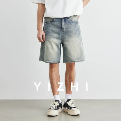 Men's Fashion Retro Distressed Jeans 2025 Summer New Loose Straight Casual Denim Shorts Trendy Men's Mid-Length Pants