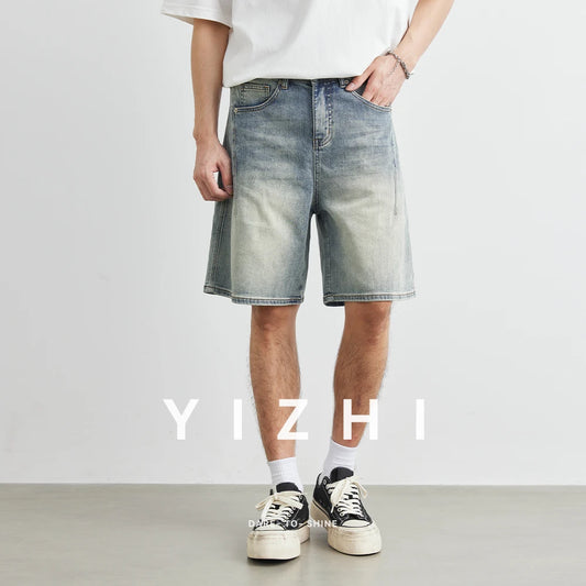 Men's Fashion Retro Distressed Jeans 2025 Summer New Loose Straight Casual Denim Shorts Trendy Men's Mid-Length Pants