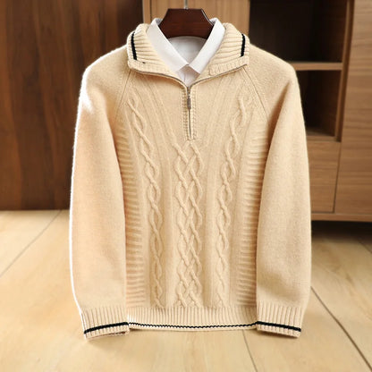 Men's 100% Merino Wool Thickening Sweater Mock Collar Half Zip Pullover Autumn Winter Cashmere Twisted Knitwear Long Sleeved Top