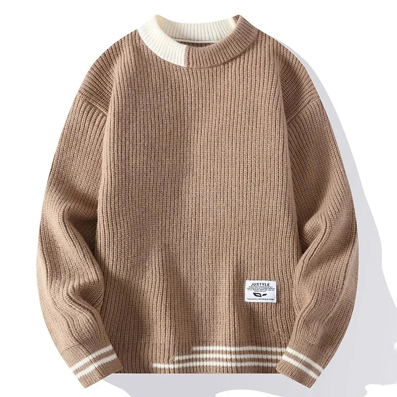 Men's Autumn/Winter Round Neck Sweater Trendy Brand Soft Supple Two-Piece Illusion Base Layer Top Fleece-Lined And Thickened War