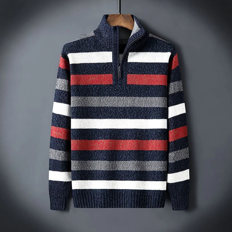 Striped Zipper Turtle Neck Mens Sweaters Knitted Male Sweatercoats Jumper White Winter Turtleneck Pullovers Men Knitwear Casual
