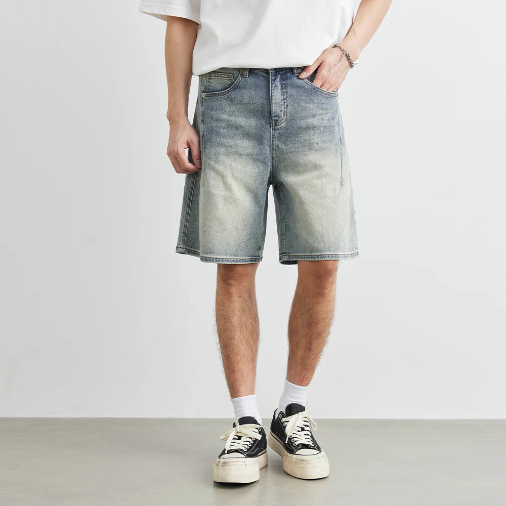 Men's Fashion Retro Distressed Jeans 2025 Summer New Loose Straight Casual Denim Shorts Trendy Men's Mid-Length Pants