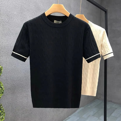 Suéter masculino de manga curta, gola redonda, respirável, verão, camisa de malha fina, casual, camiseta interna para homens