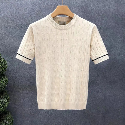 Suéter masculino de manga curta, gola redonda, respirável, verão, camisa de malha fina, casual, camiseta interna para homens