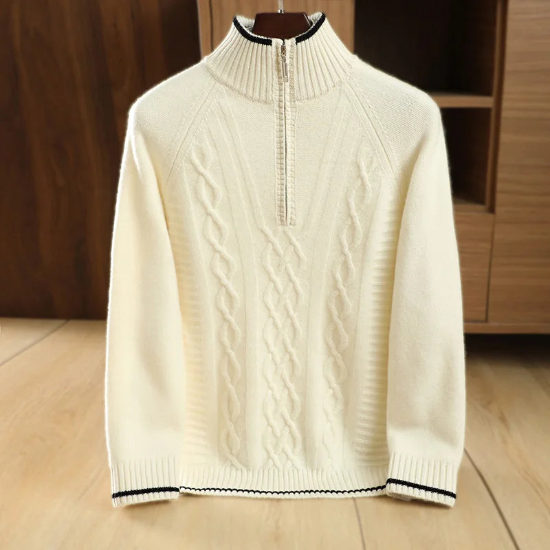 Men's 100% Merino Wool Thickening Sweater Mock Collar Half Zip Pullover Autumn Winter Cashmere Twisted Knitwear Long Sleeved Top