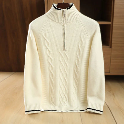 Men's 100% Merino Wool Thickening Sweater Mock Collar Half Zip Pullover Autumn Winter Cashmere Twisted Knitwear Long Sleeved Top