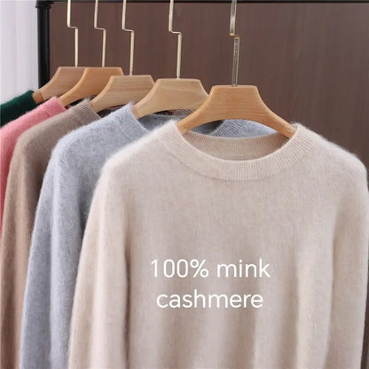 Pull à col rond pour femme, 100% fourrure de vison, coupe ample, tricoté, haut de gamme, manches longues, nouvelle collection automne et hiver 2025