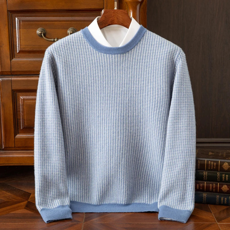 Men's Winter Preparation 100% Australian Wool Round Neck Color blocked Thousand Bird Grid Thick Cashmere Sweater Warm Sweater