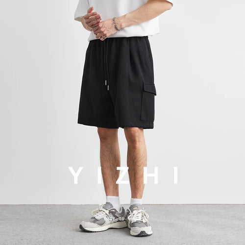 2025 Summer New Casual Shorts Drawstring Pocket Beach Loose Sports Shorts Solid Color Large Size Men's Mid-Length Pants Clothing
