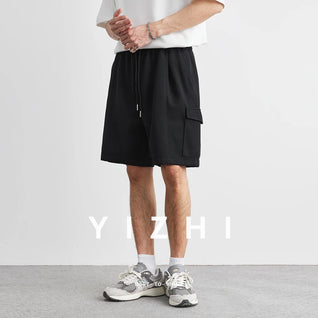 2025 Summer New Casual Shorts Drawstring Pocket Beach Loose Sports Shorts Solid Color Large Size Men's Mid-Length Pants Clothing