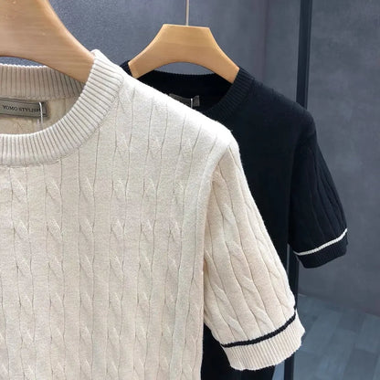 Suéter masculino de manga curta, gola redonda, respirável, verão, camisa de malha fina, casual, camiseta interna para homens