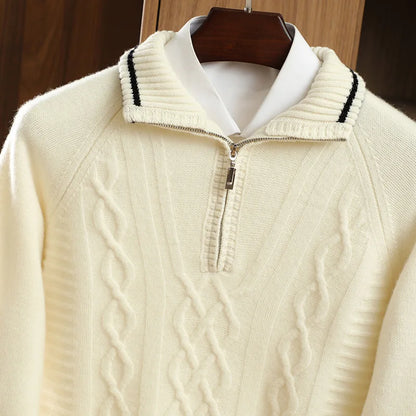 Men's 100% Merino Wool Thickening Sweater Mock Collar Half Zip Pullover Autumn Winter Cashmere Twisted Knitwear Long Sleeved Top