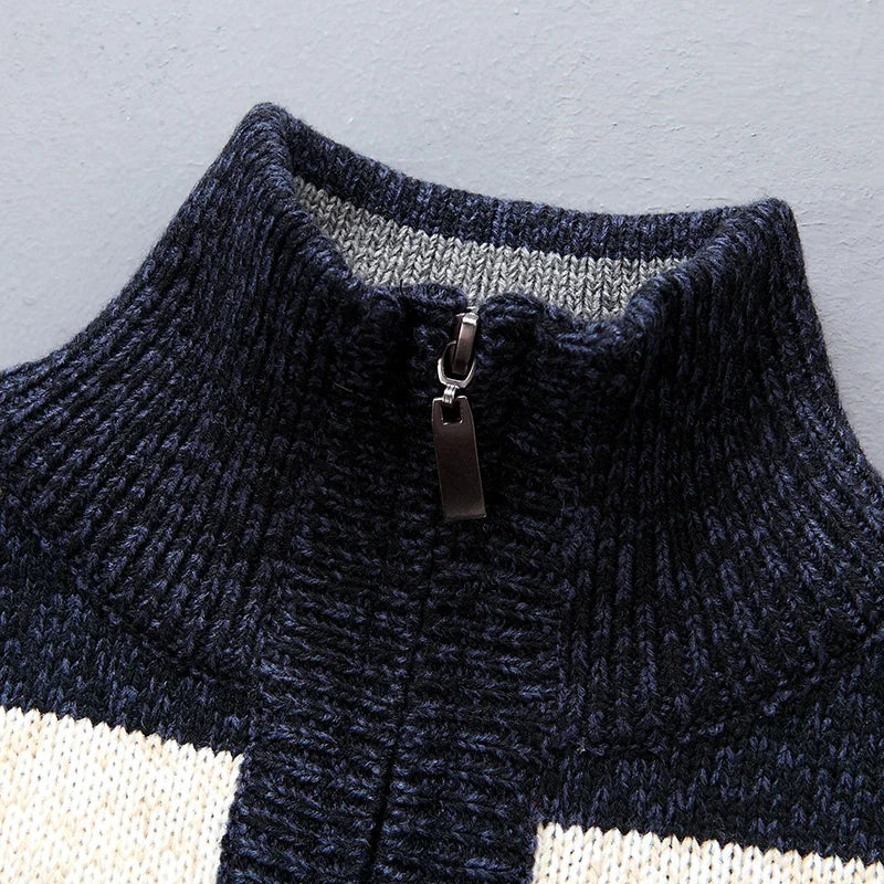 Striped Zipper Turtle Neck Mens Sweaters Knitted Male Sweatercoats Jumper White Winter Turtleneck Pullovers Men Knitwear Casual